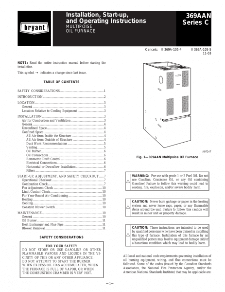 Bryant Multipurpose Oil 369aan User Manual