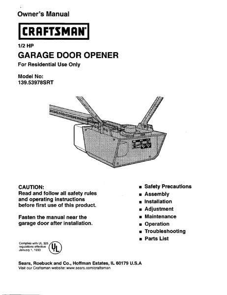 Craftsman 1 2 Hp Garage Door Opener 139 53978srt User Manual