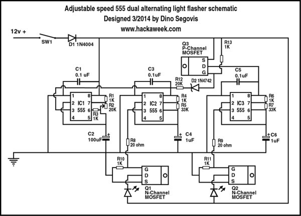 Adjustable Speed 555 Dual Alternating Light Flasher Schematic