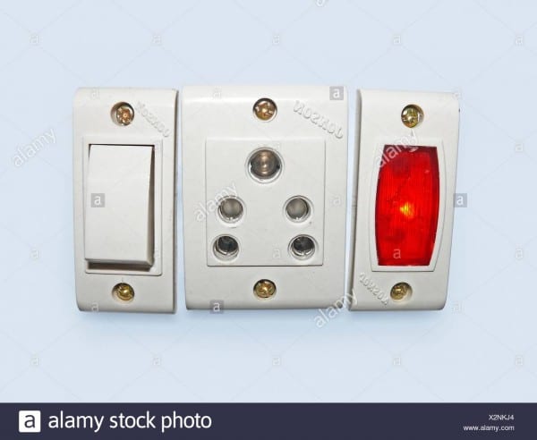 Switch Board With On Off Switches, 3 Pin Sockets Stock Photo