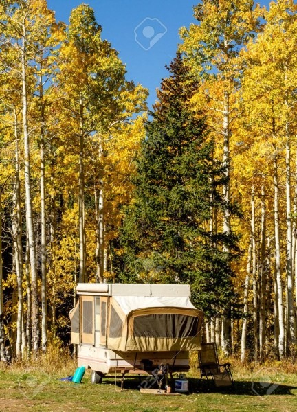 Pop Up Camper Trailer Parked In Campsite In Changing Yellow Aspen
