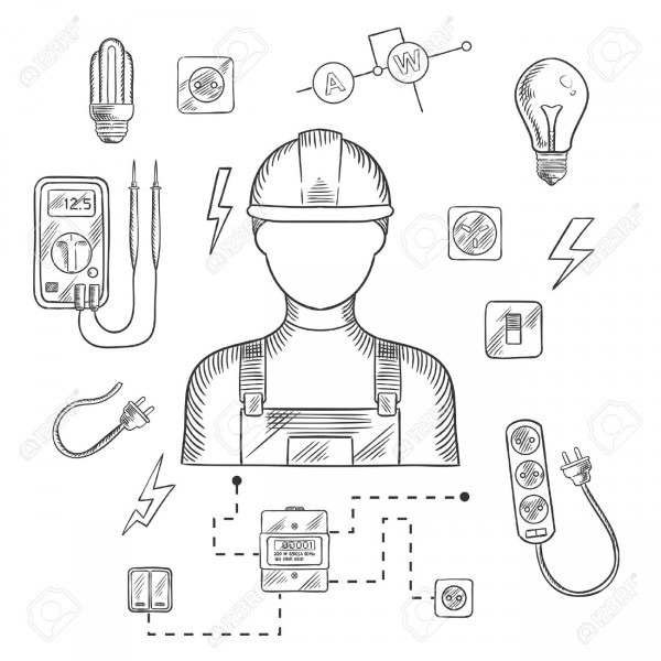 Electrician Man In Hard Hat With Electrical Household Supplies