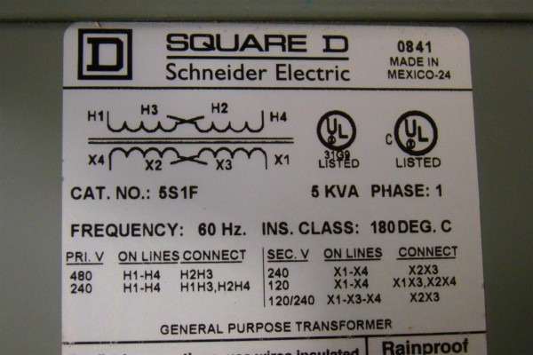 Square D 5 Kva Transformer Ph1 480 240 X 240 120 5s1f