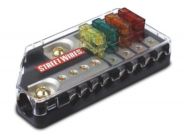 XSCORPION Gold Maxi Fuse Distribution Block – 2/4 AWG In To Dual 8 AWG Out – Marine Grade 12V Gang For Amplifiers