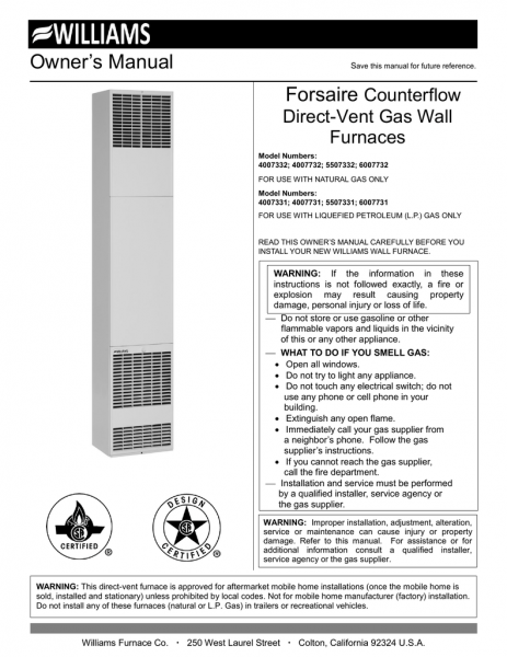 Williams Forsaire Wall Furnace Manual