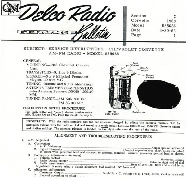 1963 Corvette  Delco Service Bulletins  Delco Radio Service