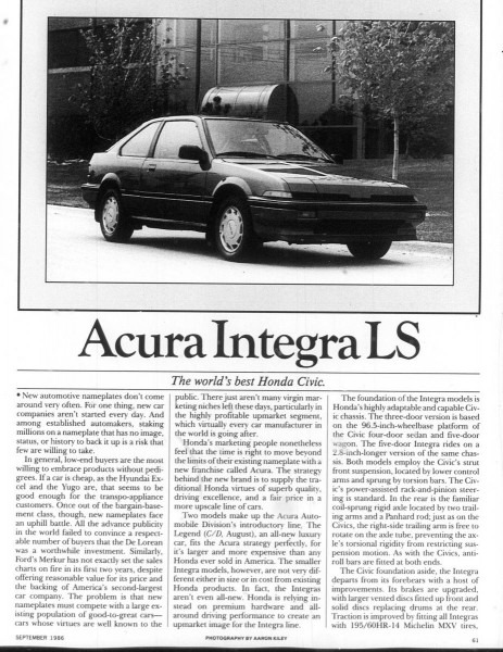 1986 Acura Integra Road Test