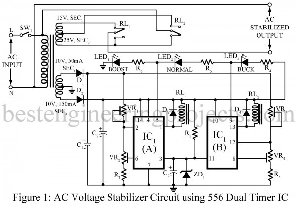 Ac Voltage Stabilizer Circuit Using 556 Ic