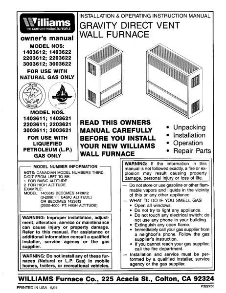 Williams Wall Furnace Manual