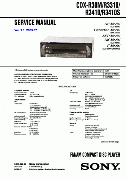 Sony Cdx R30m Cdx R3310 Cdx R3410 Cdx R3410s