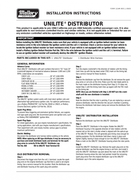 Mallory Ignition Mallory Unilite Distributor User Manual