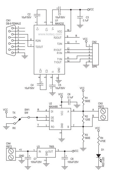 Rs232 To Rs485 Converter Board Using Max232 & Max485