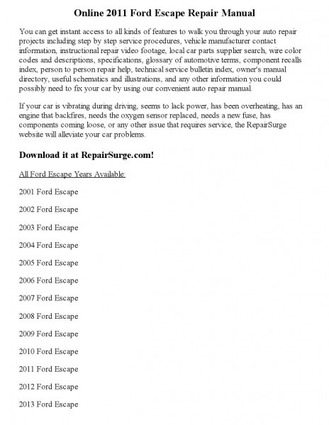 2011 Ford Escape Repair Manual Online By Matthew