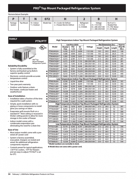 Top Mount Packaged Refrigeration System, Pt N 072 H 2 B H, Ptn Ptt