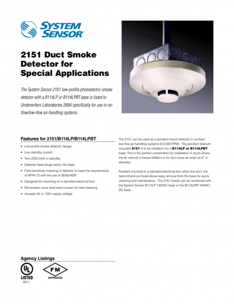 2151 Duct Smoke Detector For Special Applications