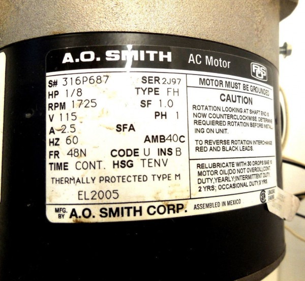 A O  Smith Type Fh Ser 2j97 Ac Motor 1 8 Hp 1725 Rpm 1 Phase