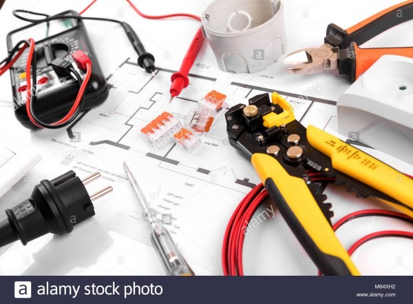 Electrical Tools And Equipment On House Circuit Diagram Stock