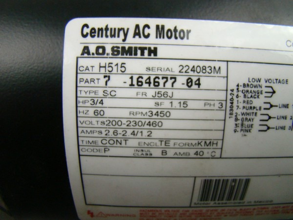 A O  Smith 3 4 Hp 3 Phase 3450 Rpm Ac Motor H515