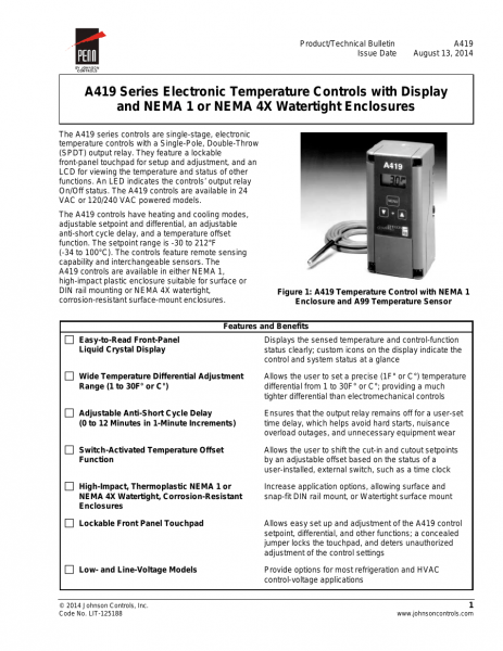 Johnson Controls A419 Series User Manual