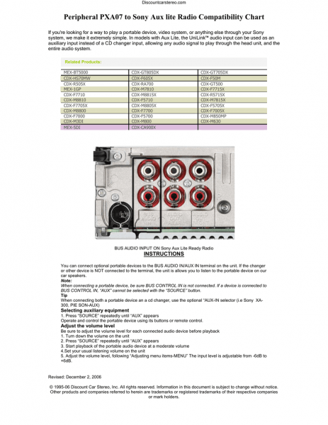 Peripheral Pxa07 To Sony Aux Lite Radio Compatibility Chart